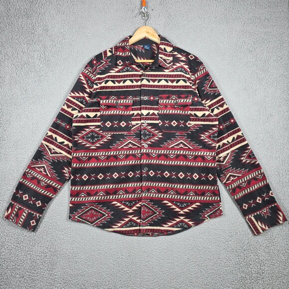 George Fleece Shirt Mens Size Large Burgundy Aztec Print Button Down Reg Fit - Picture 1 of 11
